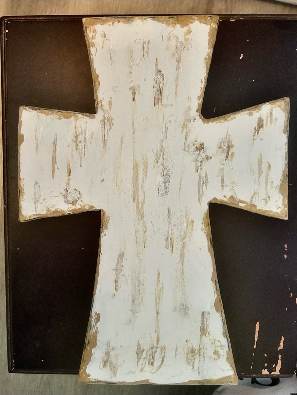Rustic White Wooden Cross Wall Decor with Gold Accents